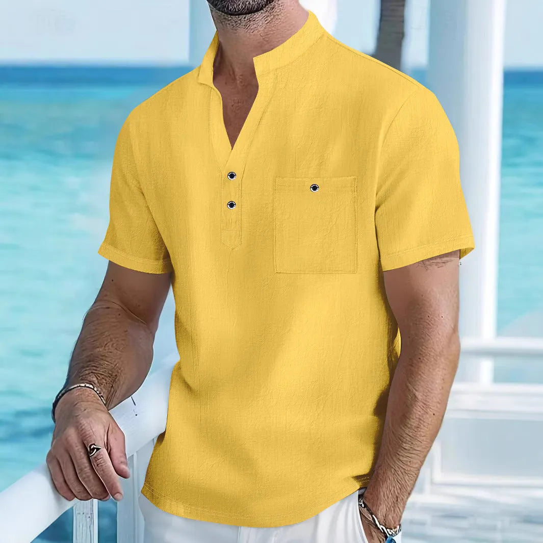 Men's linen stand collar short sleeve shirt in light blue colour showing loose fit design