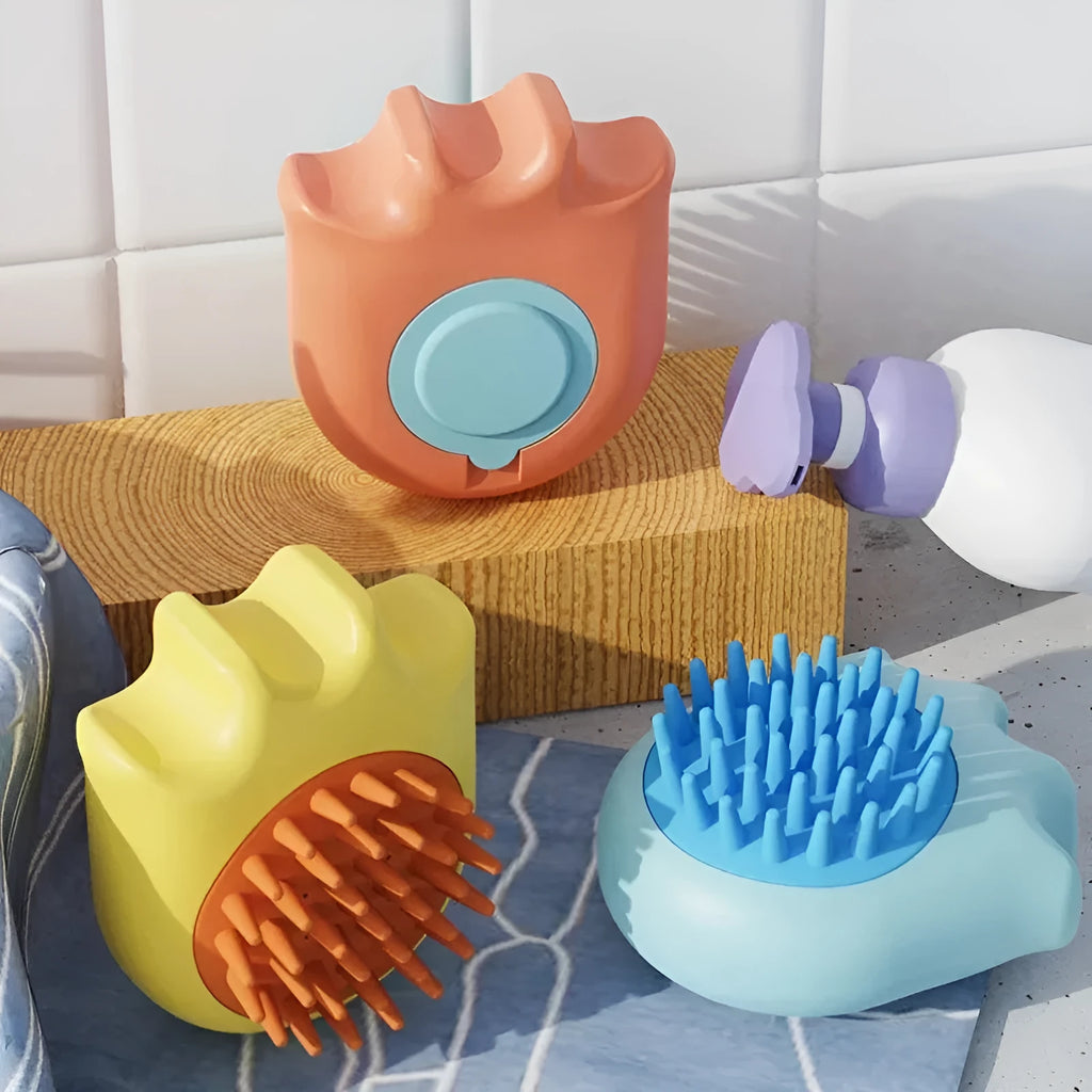 Pet bath brush massage comb with integrated shampoo box for cat and dog washing in blue, orange and yellow colours