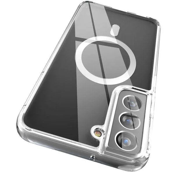 Transparent MagSafe magnetic phone case for Samsung Galaxy S21 through S23 series showing integrated charging ring