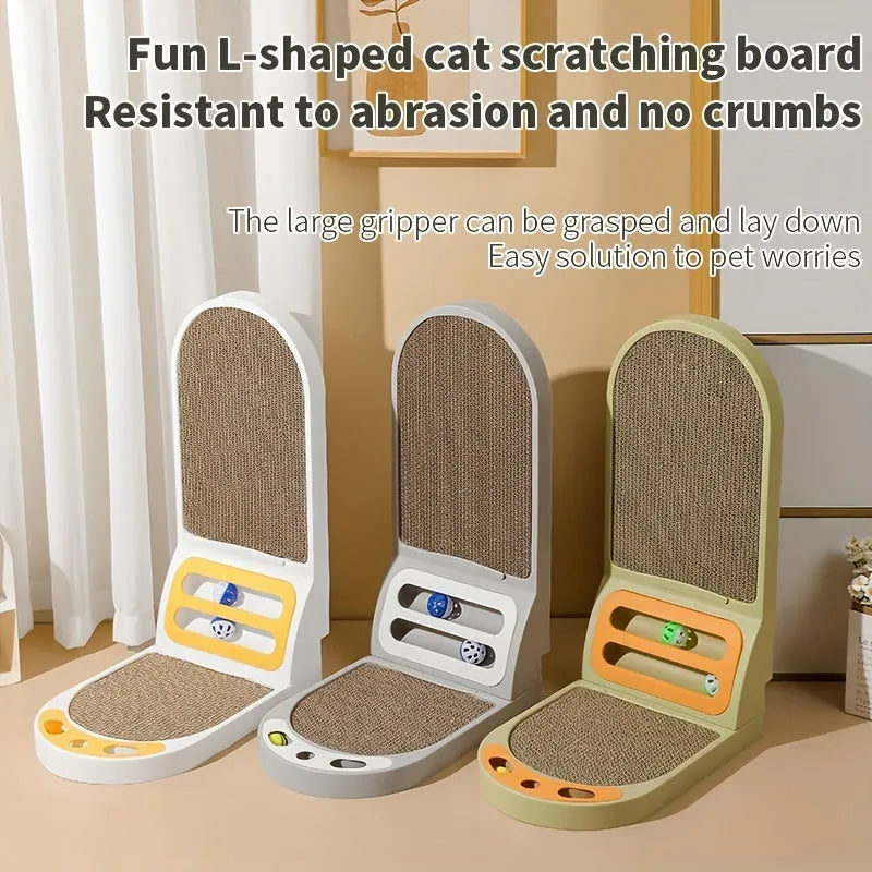 Grey L-shape vertical cat scratching board mounted on a wall for furniture protection.