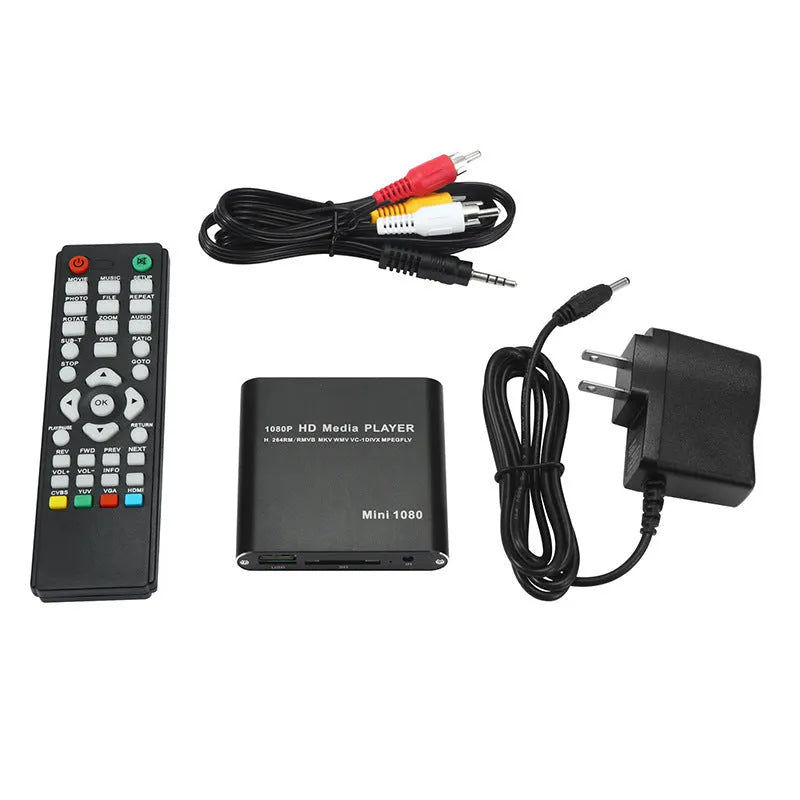 Compact black 1080P media player with HDMI USB SD ports and metal casing