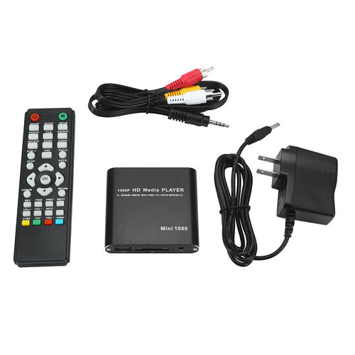 Compact black 1080P media player with HDMI USB SD ports and metal casing