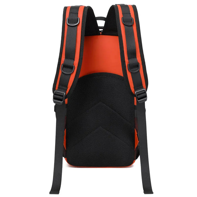 Large orange and black outdoor backpack with 20-35 litre capacity for hiking camping cycling