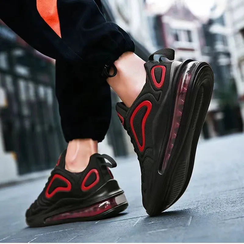 Men's black lace-up sneakers with air cushion sole and round toe design