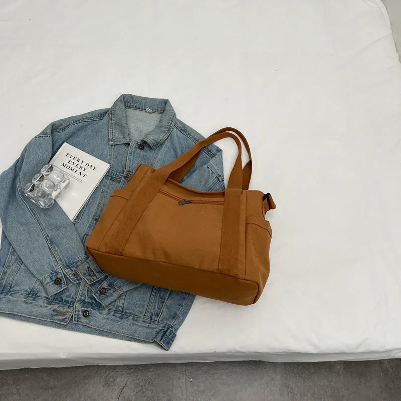 Large capacity polyester canvas tote bag with sandwich pocket and internal phone compartment