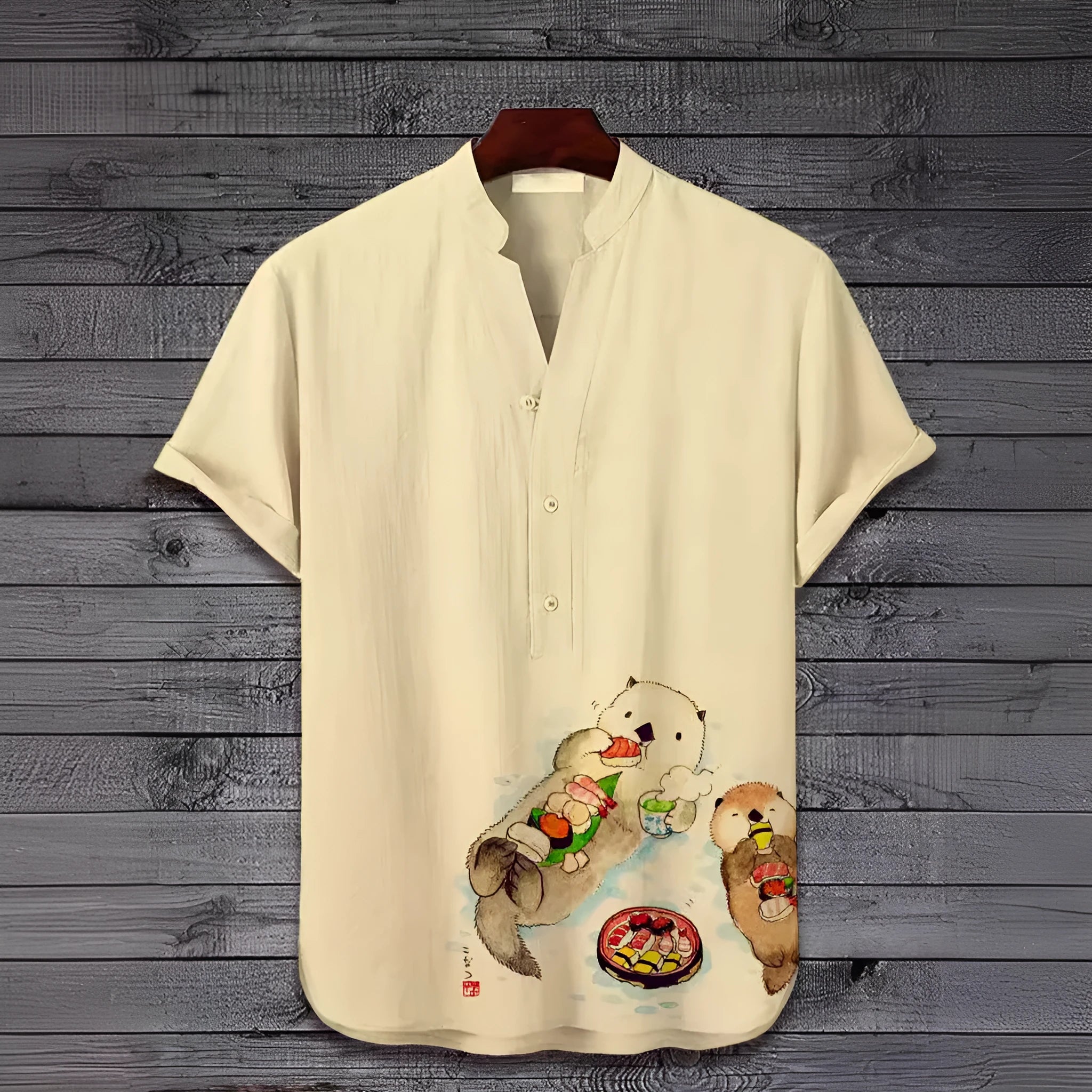 Men's grey short sleeve t-shirt featuring a detailed 3D digital print of a wolf's head, against a solid colour background.