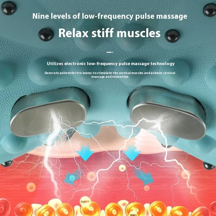 Blue-green portable cervical massage pillow with EMS and hot compress functions