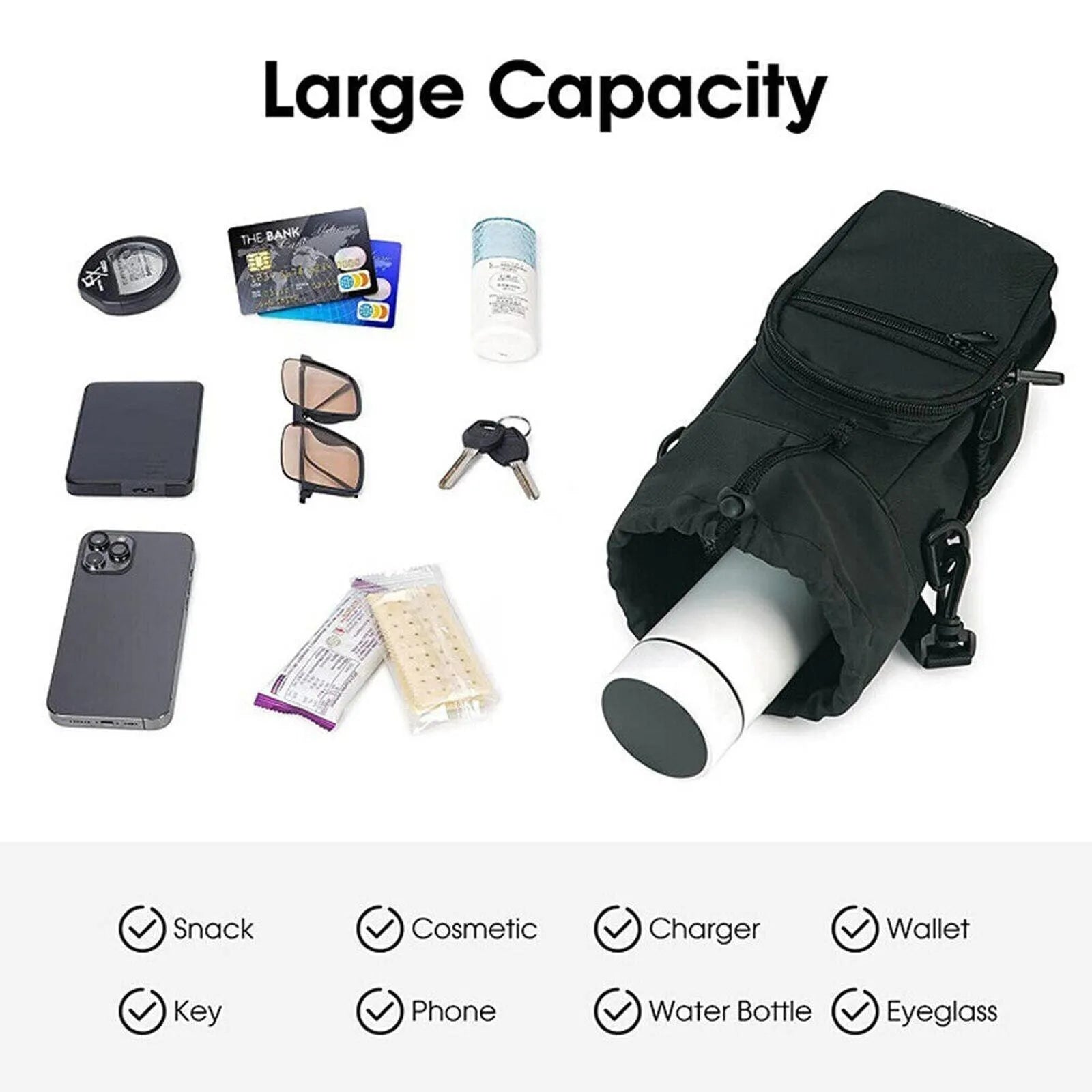 Cloth water bottle pouch with an adjustable crossbody strap in black, green, and pink colour options.