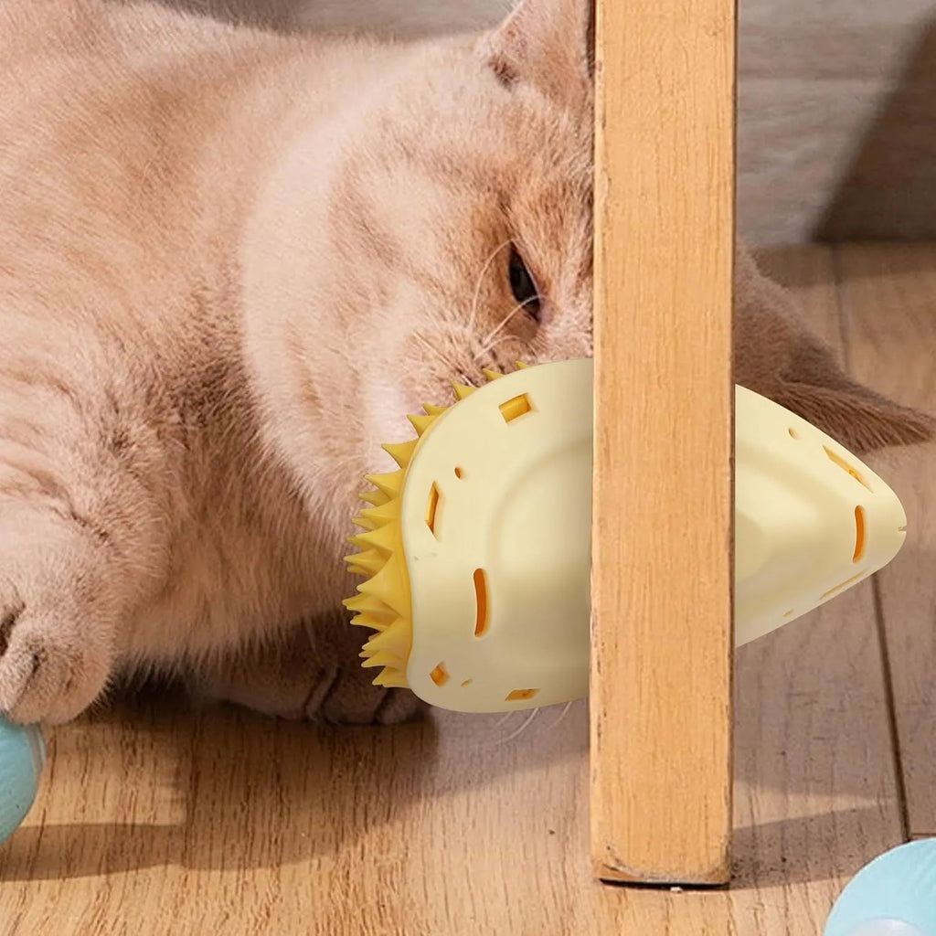 Yellow durian-shaped cat corner scratcher with massage comb texture mounted on a wall.