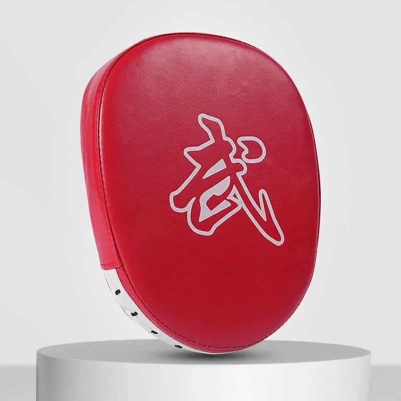 Boxing punch mitts set showing curved and flat hand target styles in red, black, blue, and yellow colour combinations.