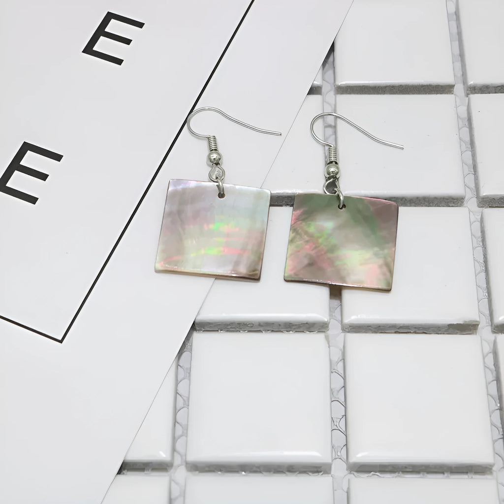 Women's geometric shell earrings in square or rectangular designs with natural patterning