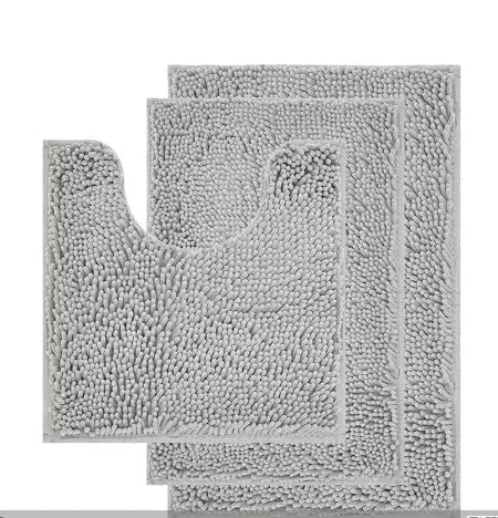 Chenille long hair bathroom three-piece carpet set with U-shaped mat and rectangular mats in modern colours.
