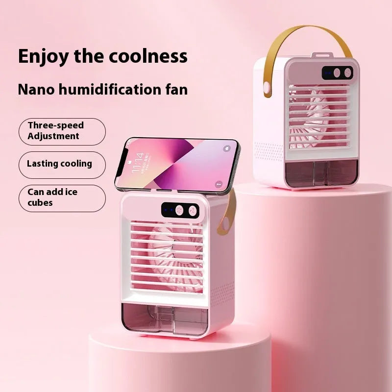 Dark green USB desktop air humidifier measuring 19cm wide with 5 plastic fan blades