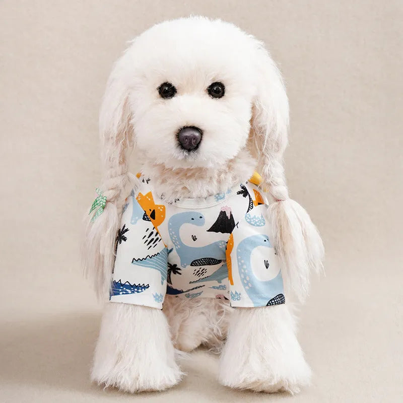 Small dog wearing full-print polyester t-shirt in casual style for spring or autumn