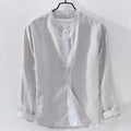 Loose fit men's casual shirt in cotton linen blend fabric showing long sleeves and solid colour options