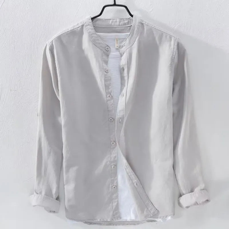 Loose fit men's casual shirt in cotton linen blend fabric showing long sleeves and solid colour options