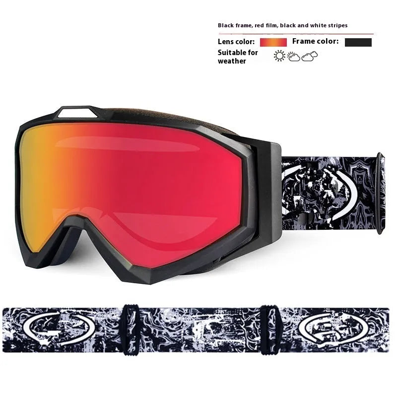 Double layer motorcycle goggles with TPU frame and anti-fog lens in black red blue or silver with storage bag