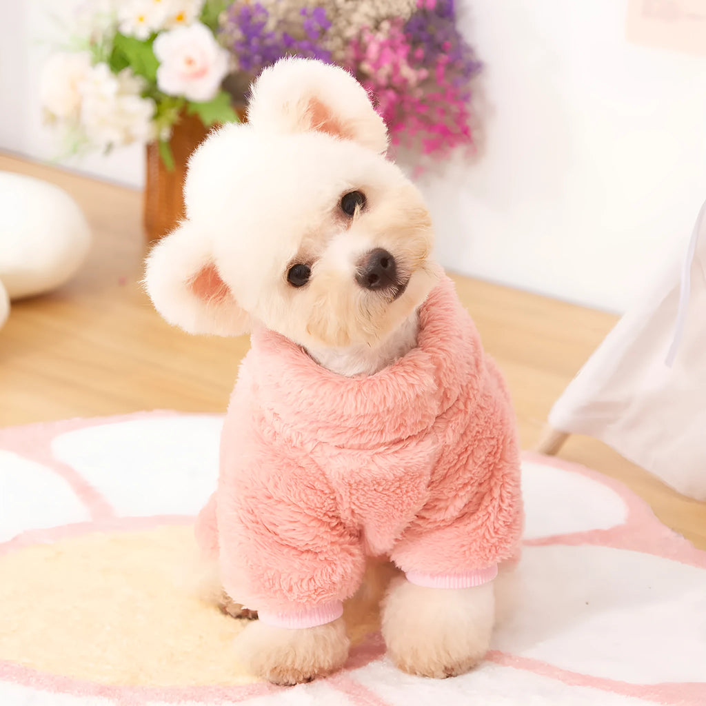 Blue double-sided plush dog clothes with high collar and towing ring for autumn winter wear