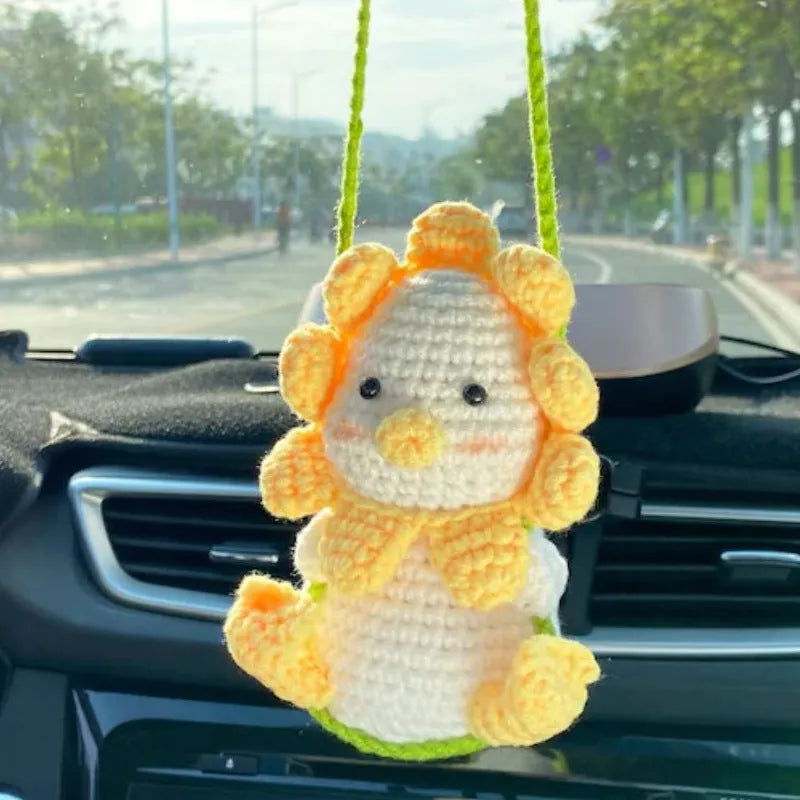 Green and white knitted wool car plant decoration hanging from 25cm white rope