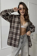 Women's dark brown striped long sleeve retro shirt with regular collar and trueran cotton fabric