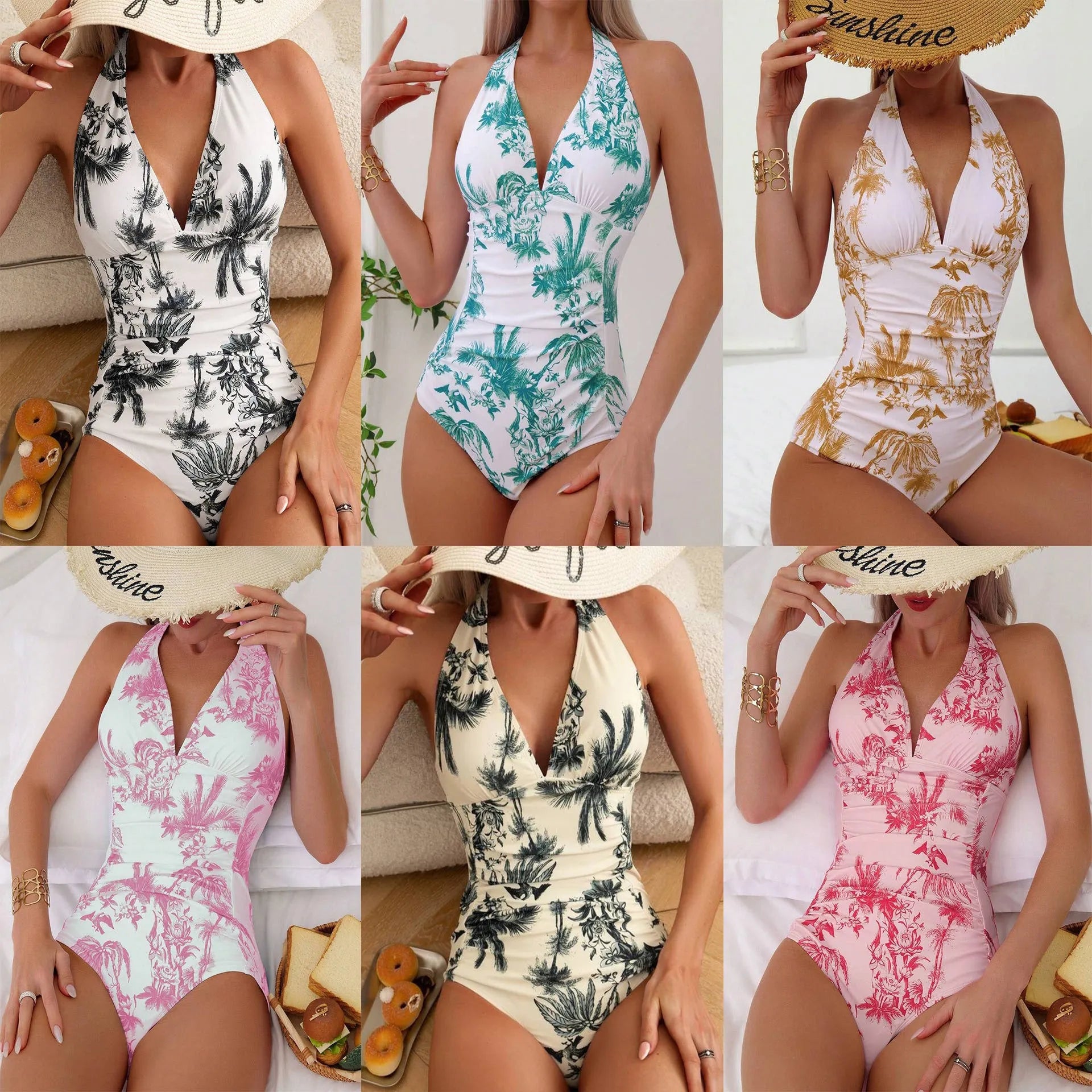 Women's black coconut tree print V-neck one-piece swimsuit made from polyester.