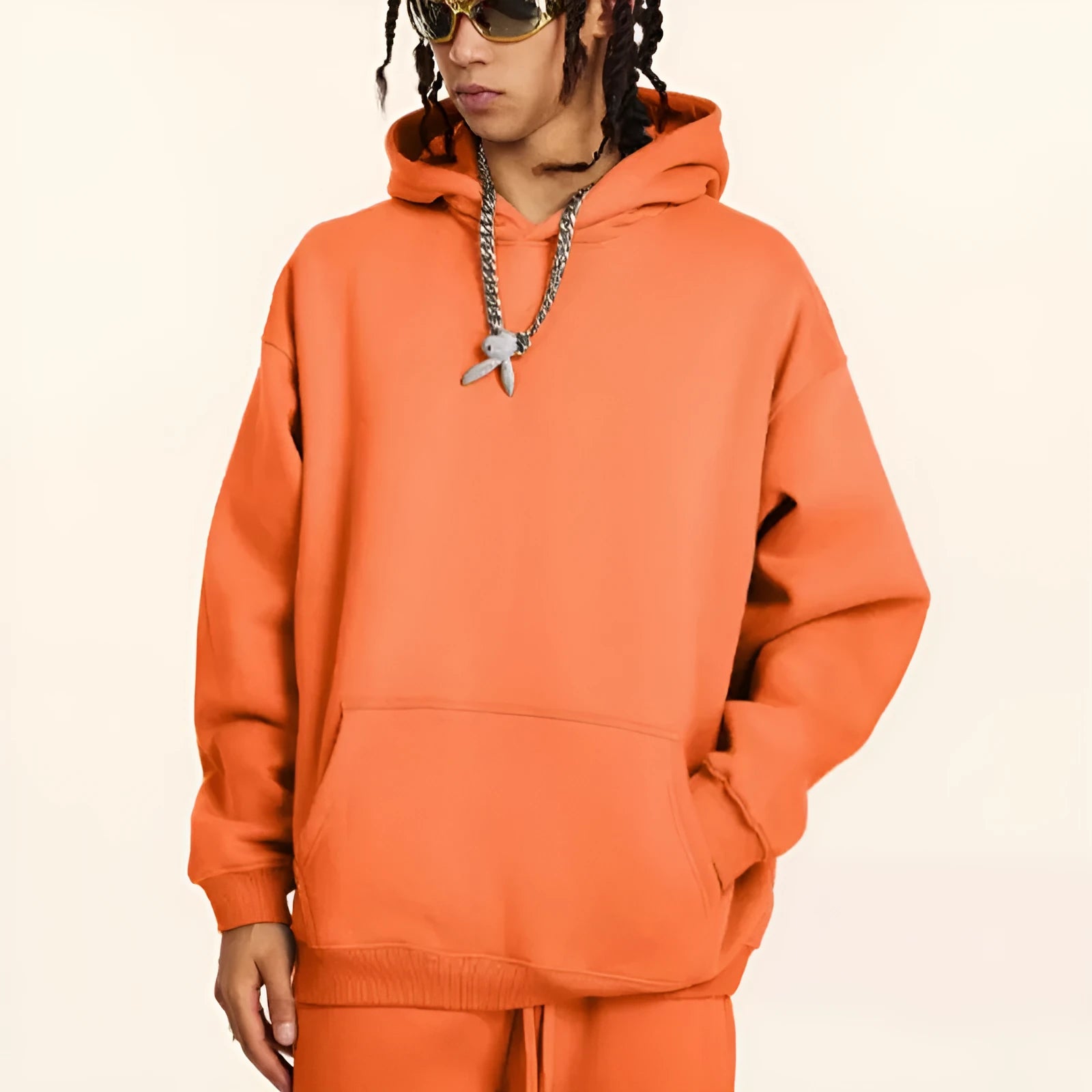 Men's heavyweight terry cotton hooded sweater in loose fit with drop-shoulder sleeves