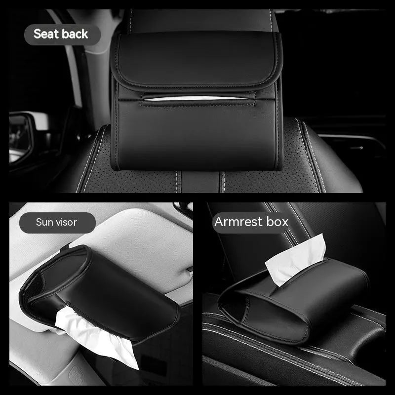 Leather car tissue holder box with elastic strap for mounting on seat back.