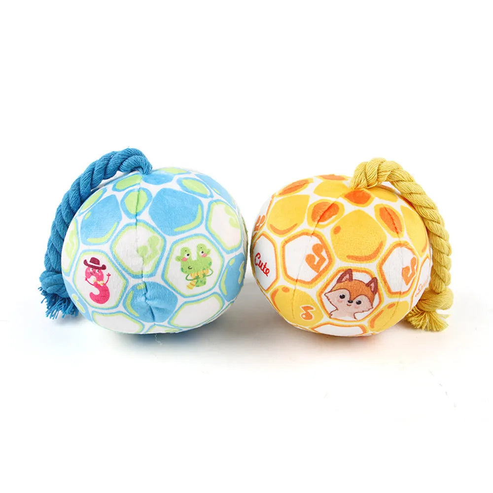 Bright coloured elastic football dog toy with cotton rope construction for tug of war and teeth grinding