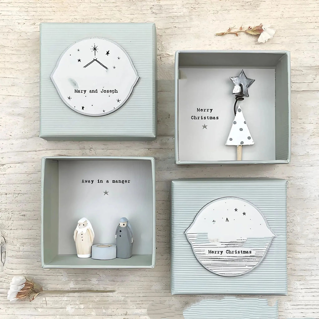 Boxed guardian angel resin ornament in modern cartoon style with gift box