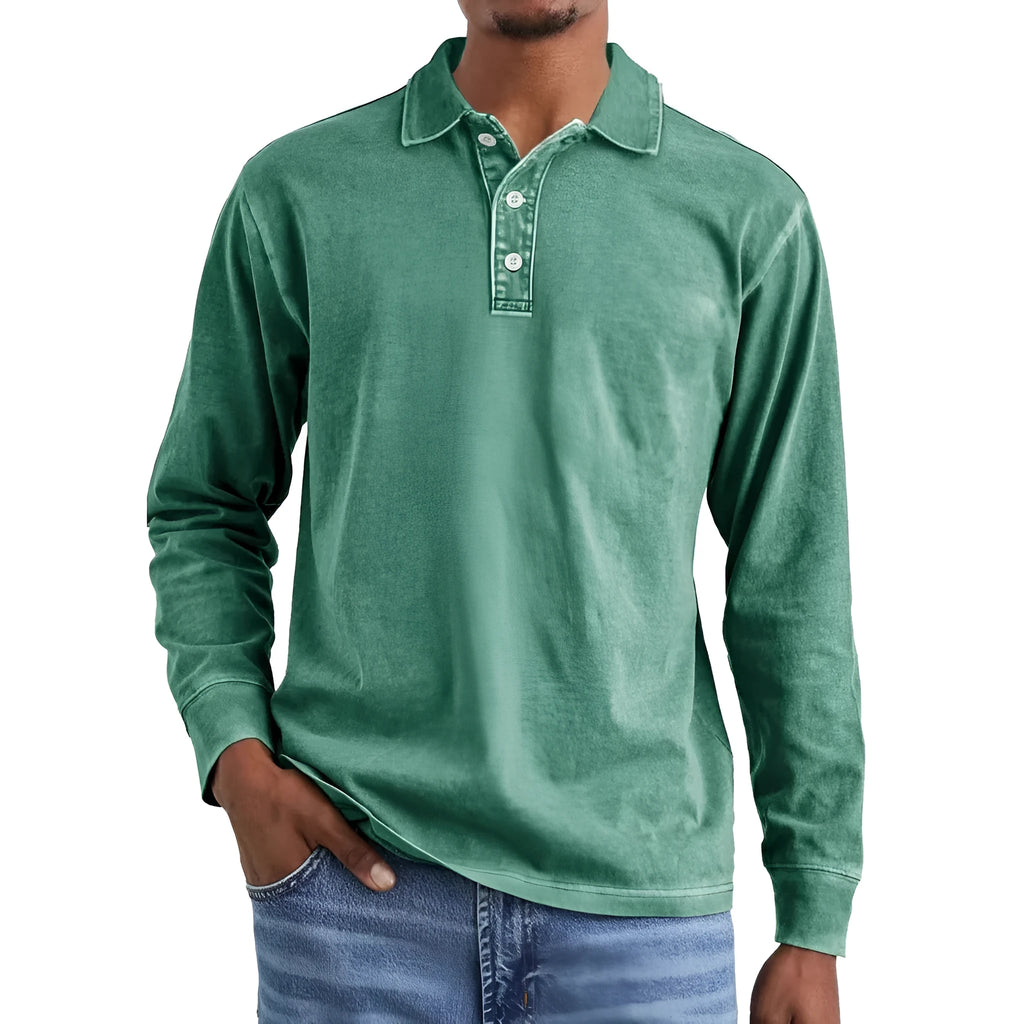Men's retro washed distressed pure cotton long sleeve polo shirt with lapel collar in army green