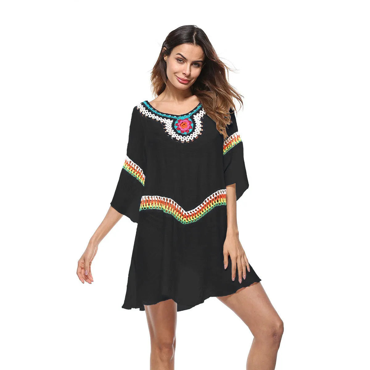 Woman's ethnic crochet beach cover-up top in apricot colour, free size, for sun protection.