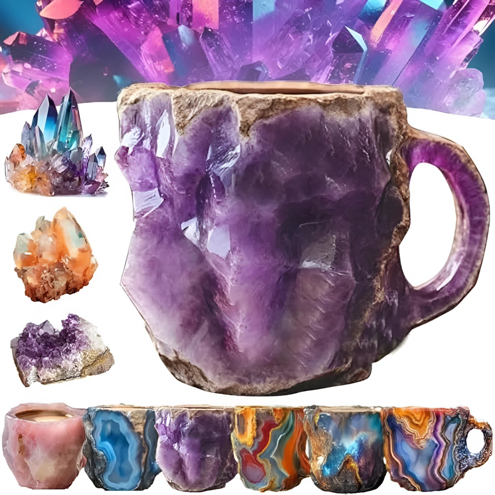 Resin mineral crystal coffee mug with handle in purple colour showing transparent construction