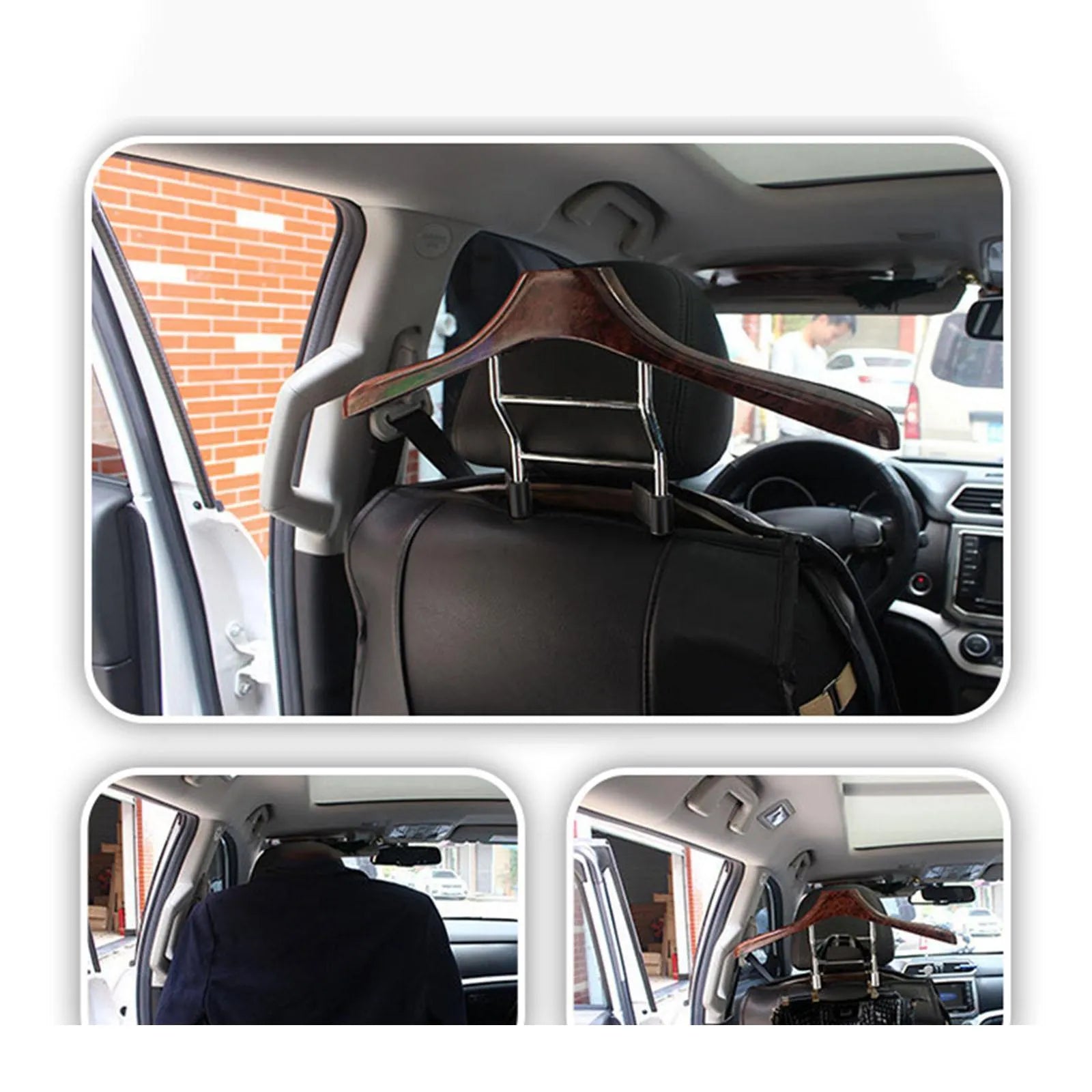Wood yellow stainless steel car mounted clothes hanger holding a suit jacket on a car seat