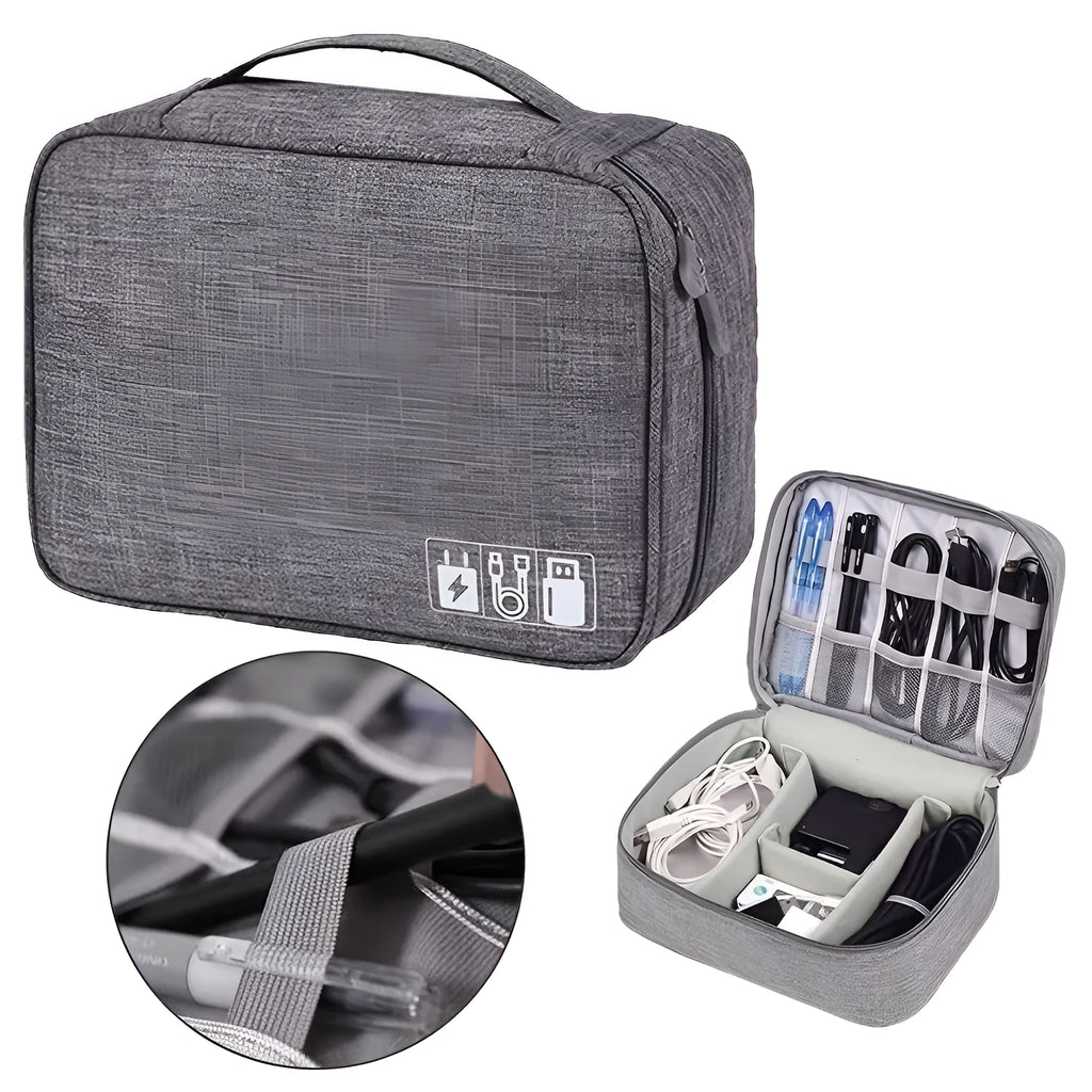 Black travel cable organiser bag open to show mesh pockets, elastic loops, and removable padded dividers inside.