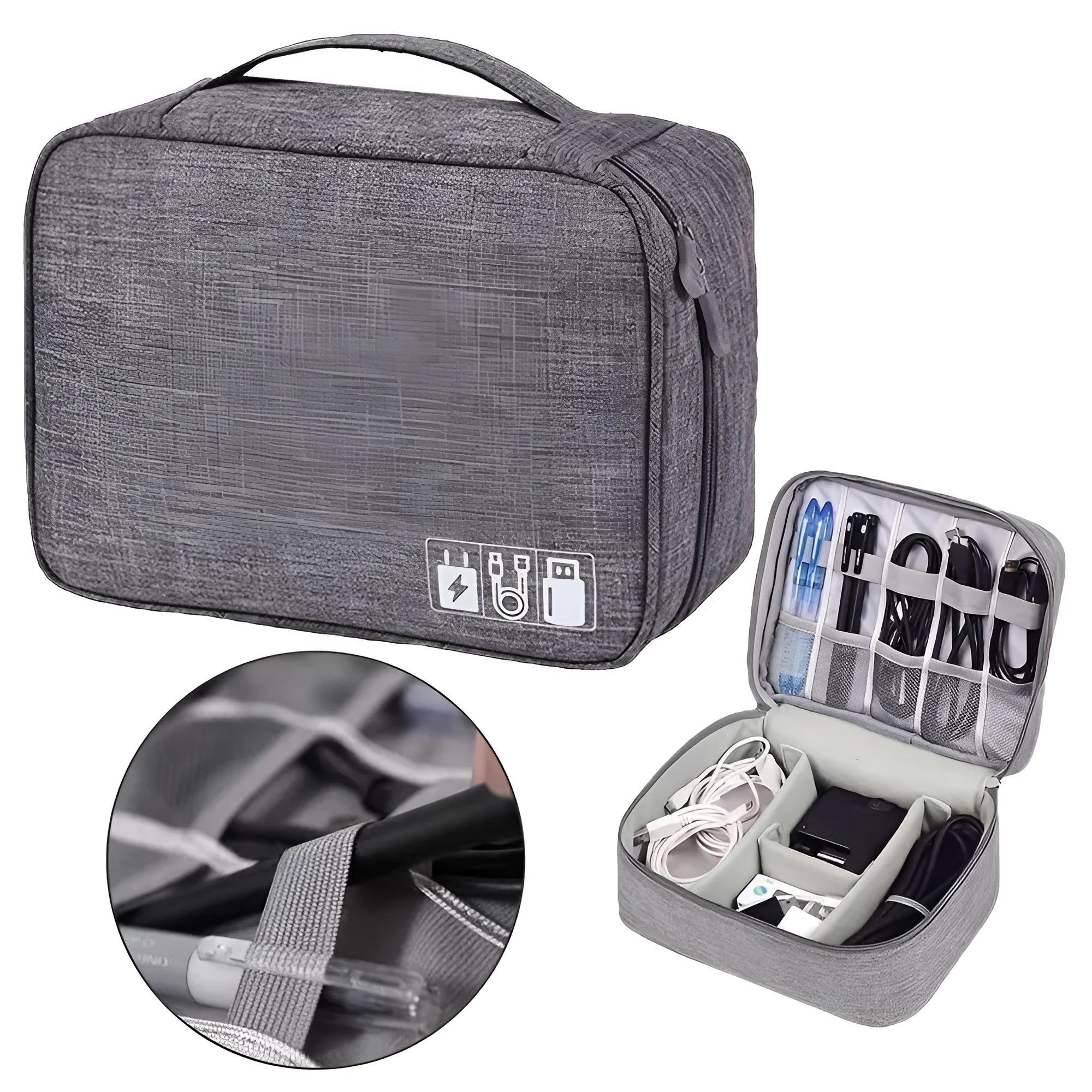 Black travel cable organiser bag open to show mesh pockets, elastic loops, and removable padded dividers inside.