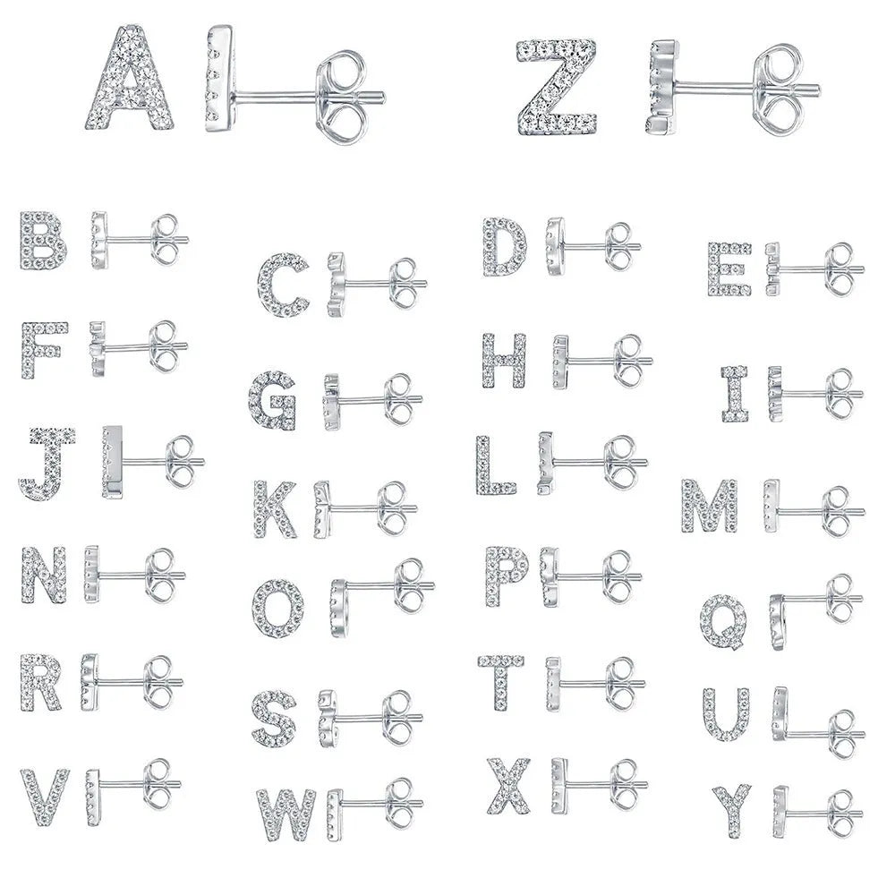 Brass gold-plated alphabet earrings showing single capital letter designs from A to Z with zircon elements