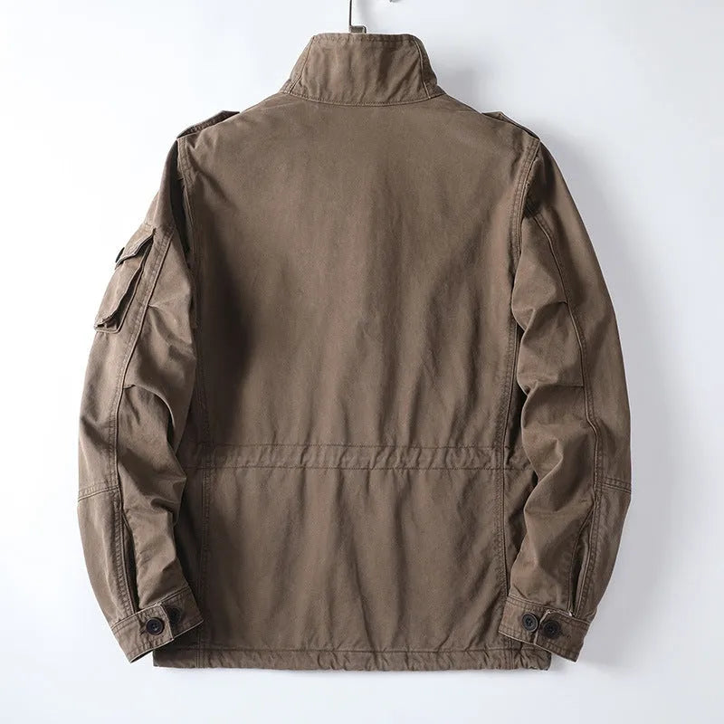 Men's loose-fit casual cotton zip-up jacket in light brown colour, retro style.
