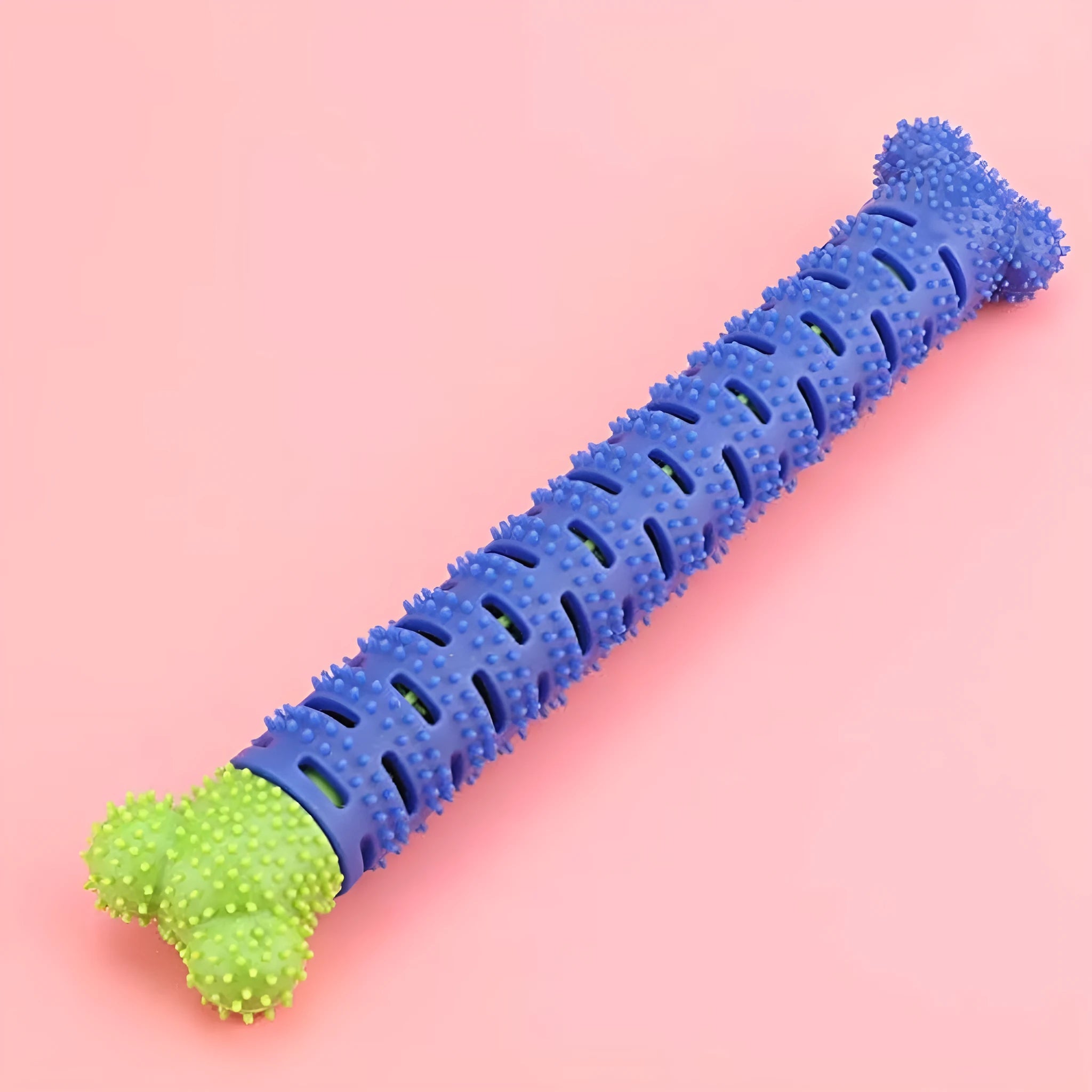 Blue-green silicone dog dental chew stick with textured cleaning surface, 25cm long.