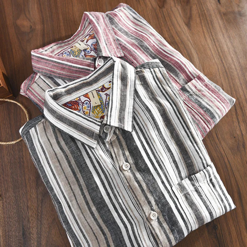 Men's casual linen striped shirt with loose fit long sleeves in red or grey colours