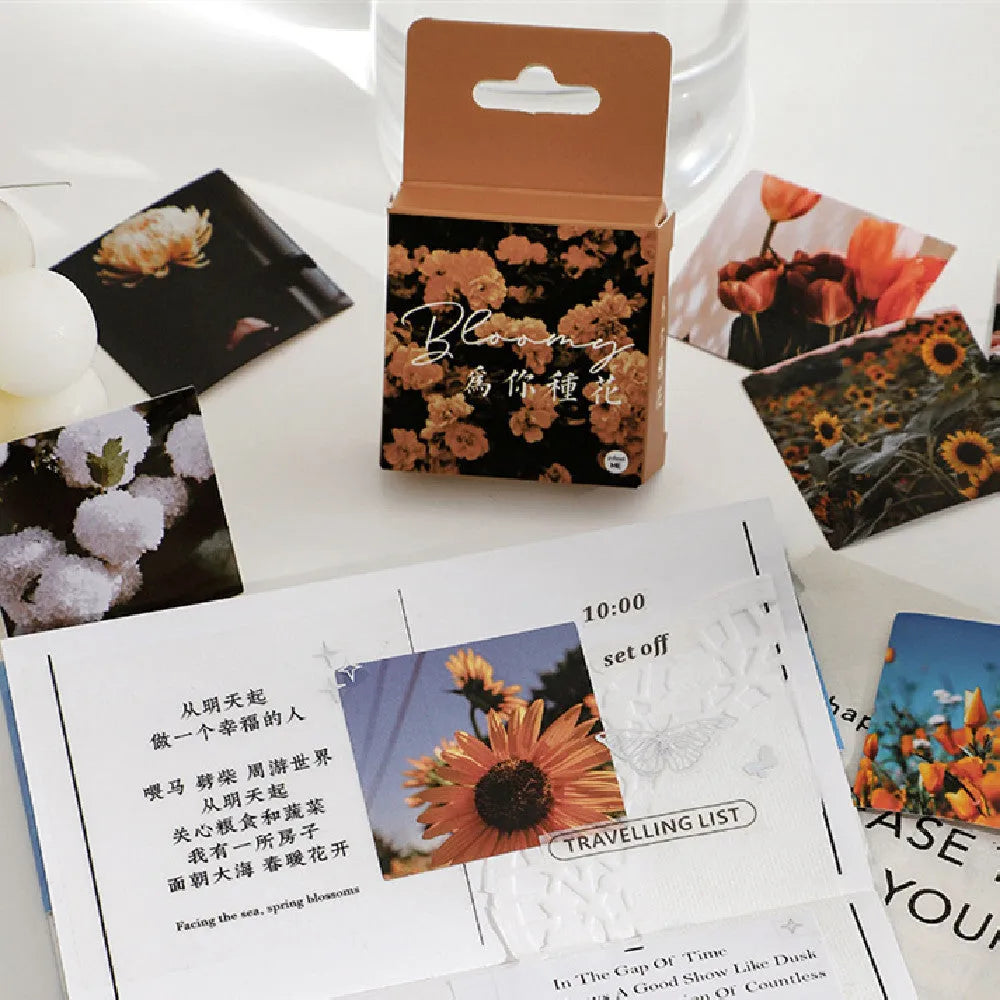 Box of Nordic-themed decorative stickers showing designs like flowers, roses, and sunset scenes, each sticker 44mm square.