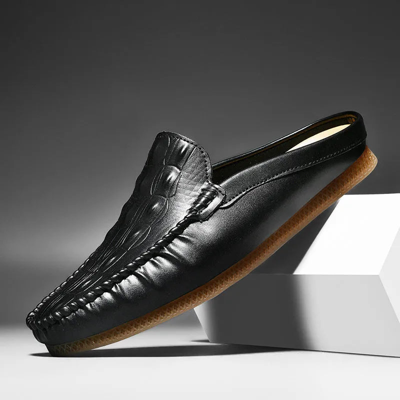 Men's black summer semi-slippers with artificial PU upper and rubber sole