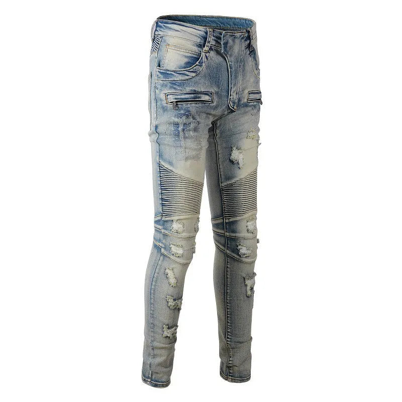 Light blue men's slim fit distressed jeans with hand-frayed details and a light straight leg cut.