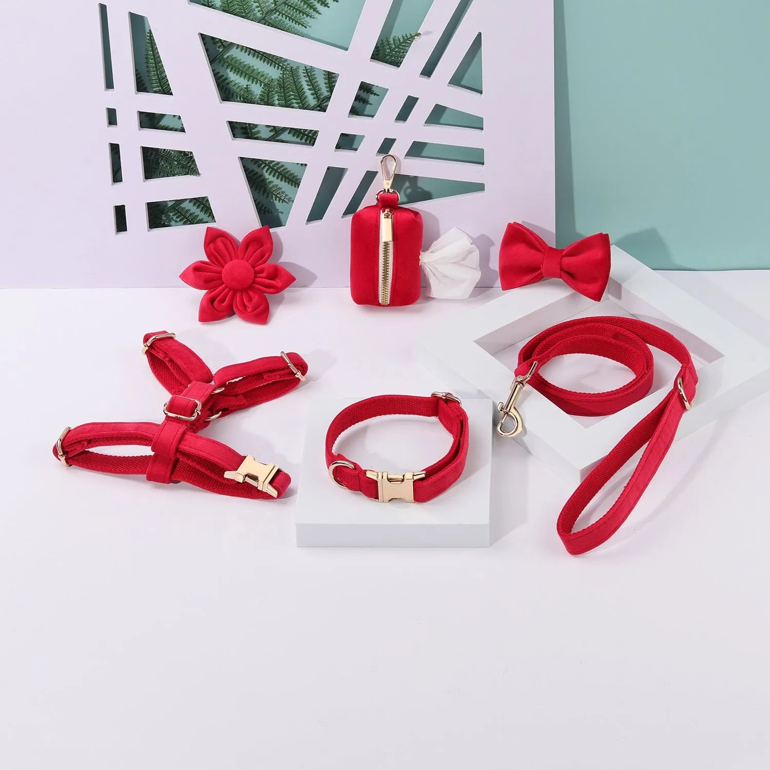 Classic velvet soft pet collar and traction rope set with chest strap, bow tie, flower and toilet bag accessories