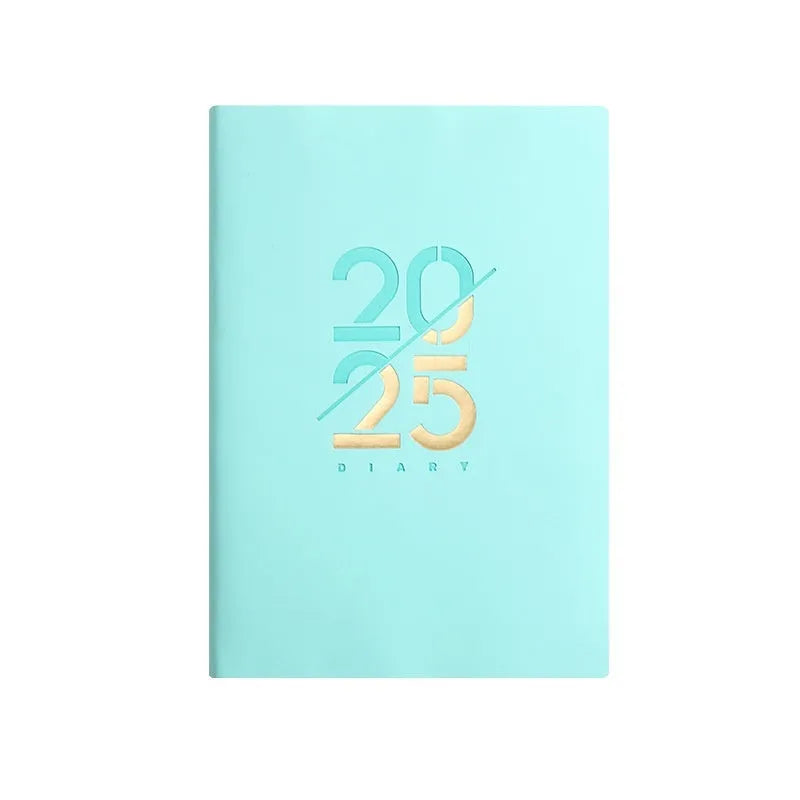 A5 2025 daily planner schedule book with faux leather cover shown in blue colour option