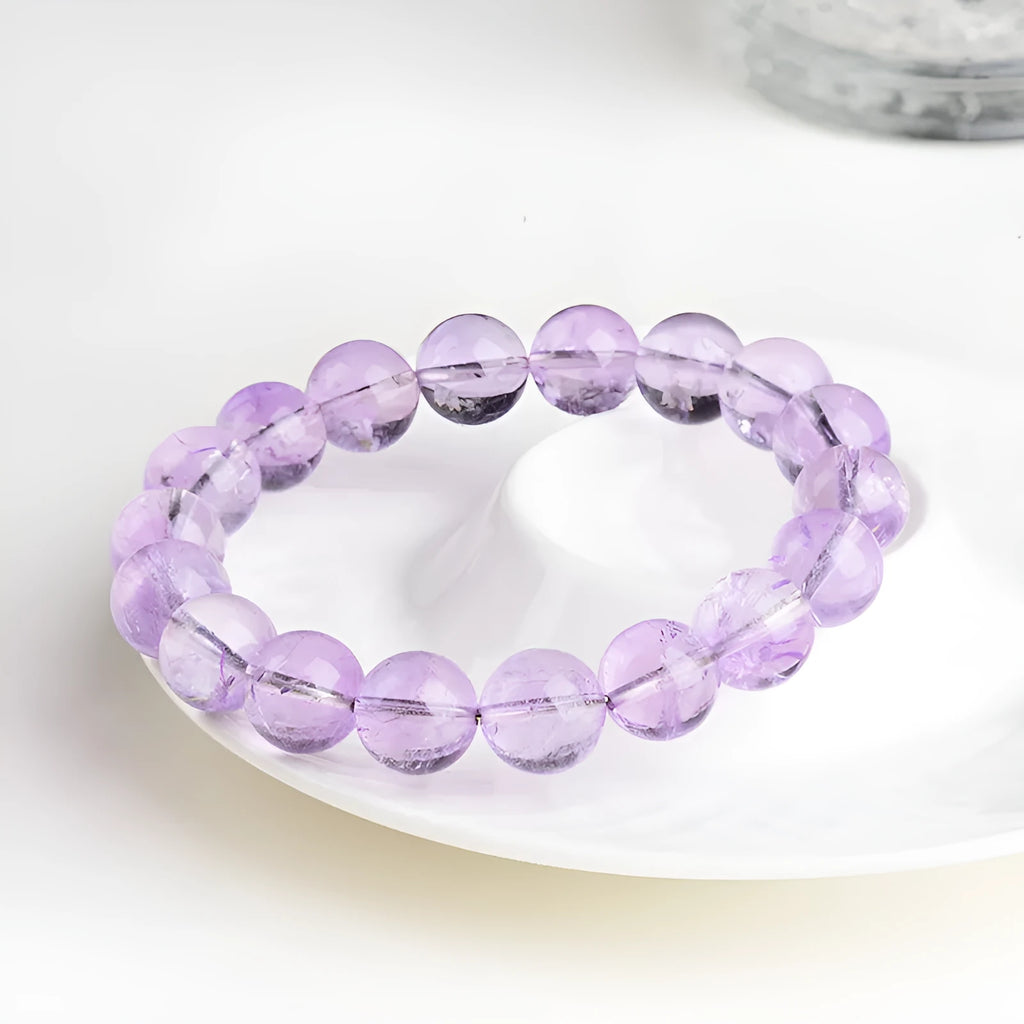 Lavender amethyst crystal bracelet with water ripple geometric pattern and round polished beads