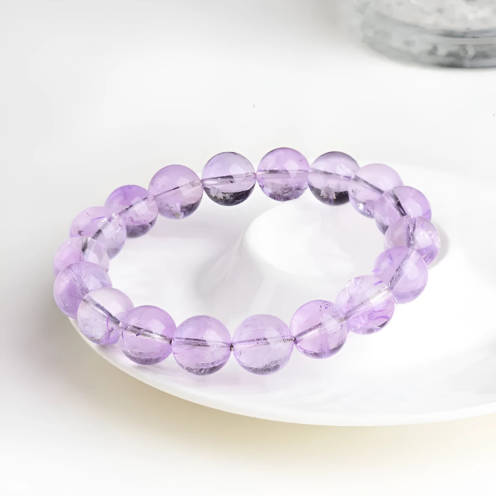Lavender amethyst crystal bracelet with water ripple geometric pattern and round polished beads