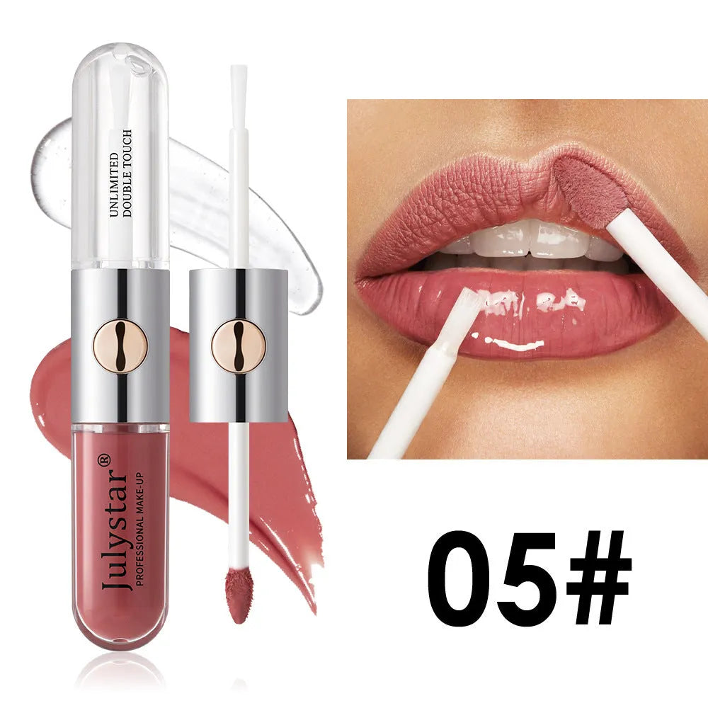 Women's lasting lip gloss tube showing moisturising formula in one of nine style shades with 6ml content