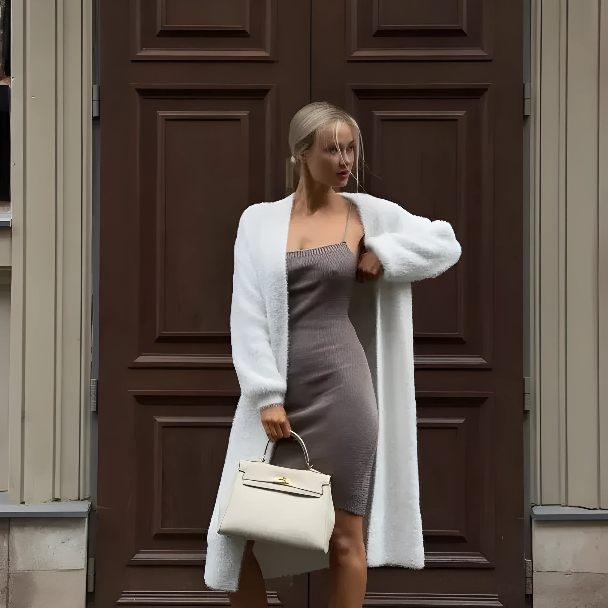 White loose-fit knitted cardigan jacket with long sleeves and an extended length.