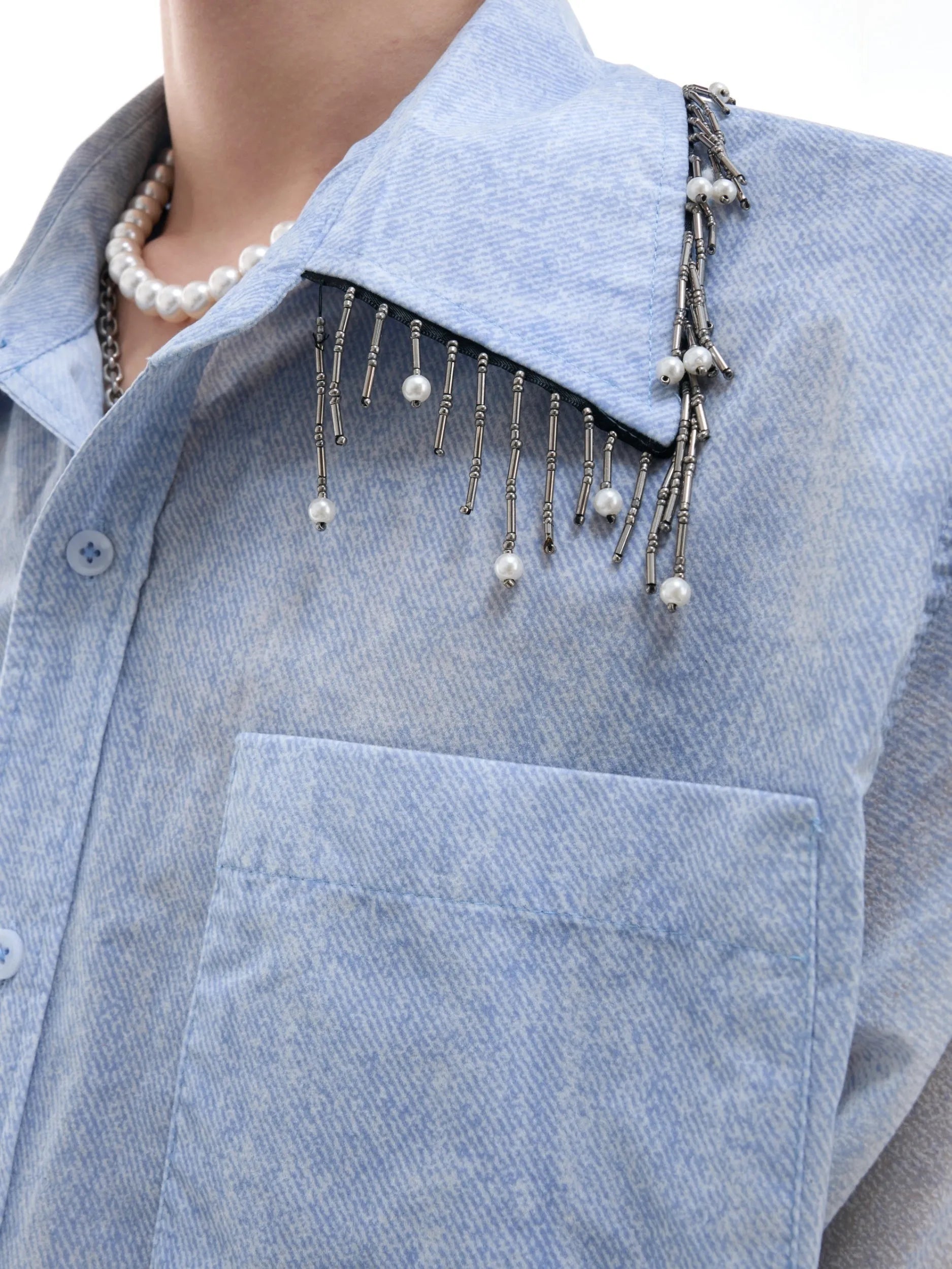 Men's blue and white gradient short-sleeve casual shirt on a hanger