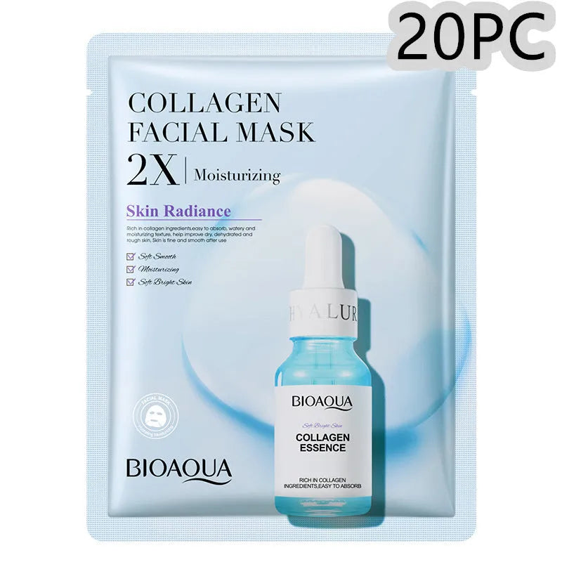 Single-use facial sheet mask with gel serum, shown in Centella, Collagen, Hyaluronic Acid or Vitamin C variants.